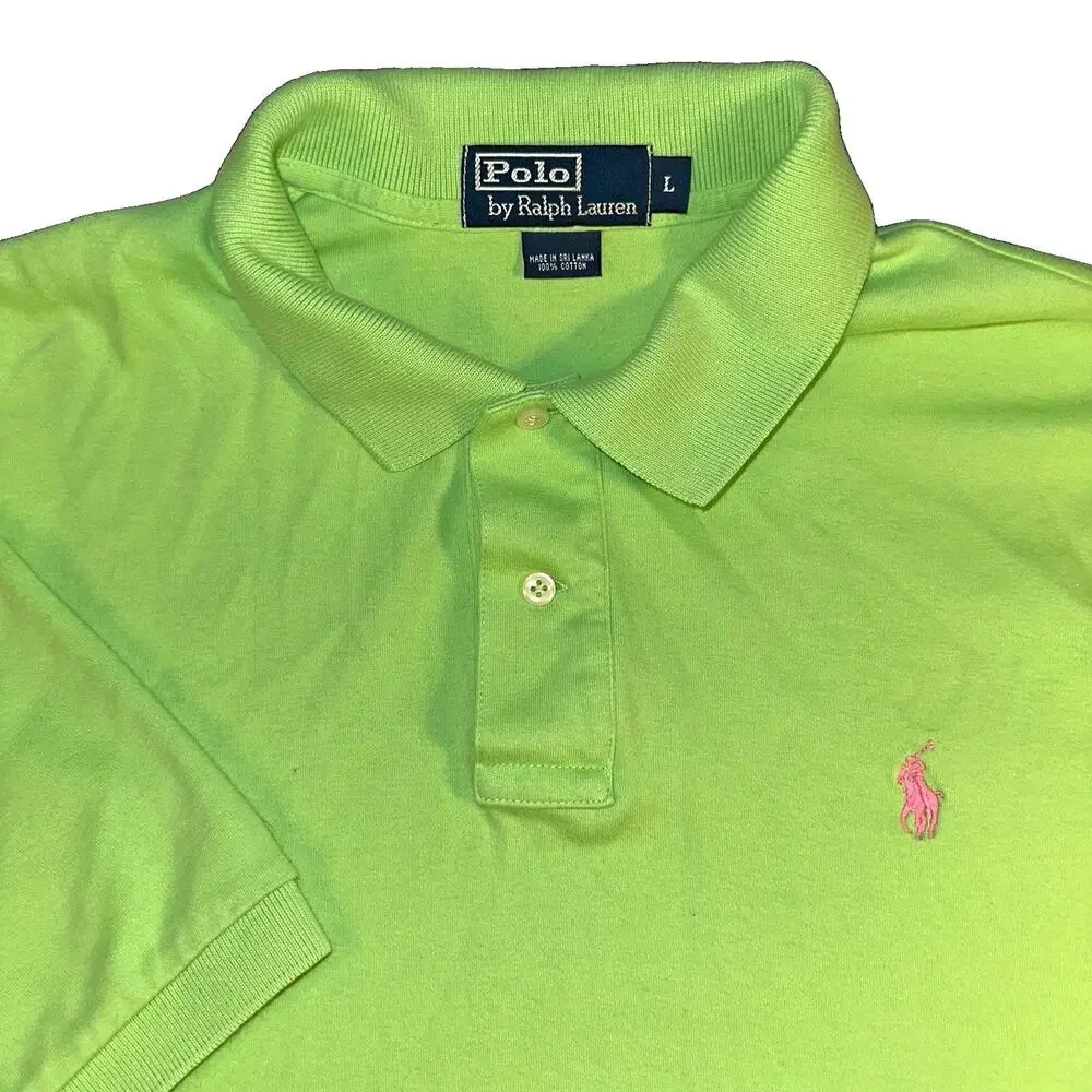 Polo Ralph Lauren Shirt Mens Large L Lime Green Pink Pony Pique Short Sleeve